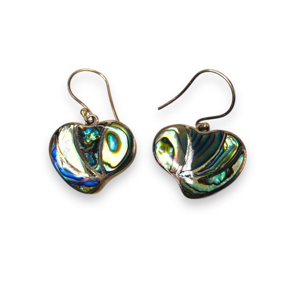 925 Sterling Silver Abalone Shell Heart Earrings Dangle Minimalist Iridescent